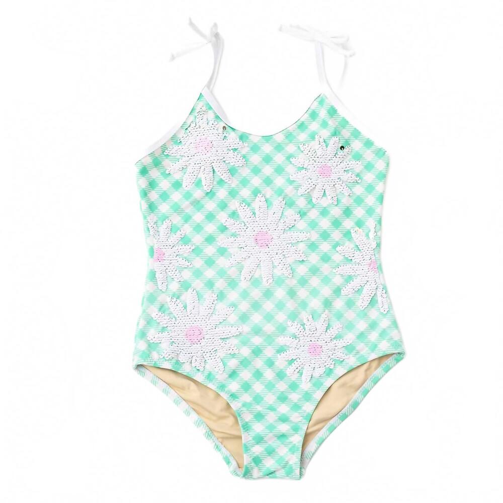 NEW SHADE CRITTERS girl's daisy stripe sequin one piece swimsuit in green